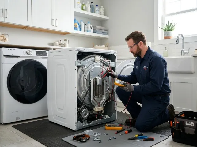Appliance Repair Hero technician checking a dryer heating element with the rear panel off in Arvin, CA