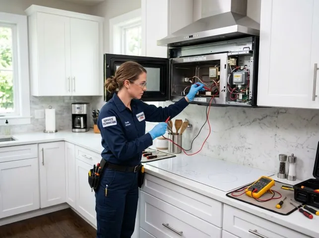 Appliance Repair Hero technician testing an over-the-range microwave in a Arvin, CA kitchen