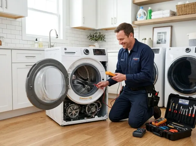 Appliance Repair Hero technician testing a front-load washer with a multimeter on a Arvin, CA service call